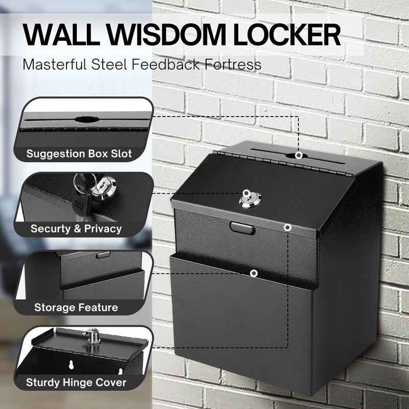 Flexzion Suggestion Box with Slot and Lock - Wall Mounted Multi-Purpose Offering, Ballot Box with Lock - Metal Donation Drop Box with 25 Suggestion Cards, 2 Screws, 2 Expansion Bolts & 2 Keys (Black) - Image 4